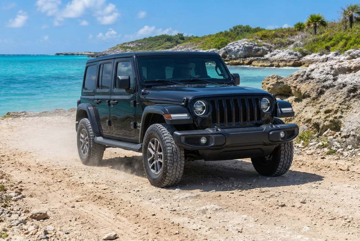 Black Jeep Wrangler on a sandy coastal road on Bonaire